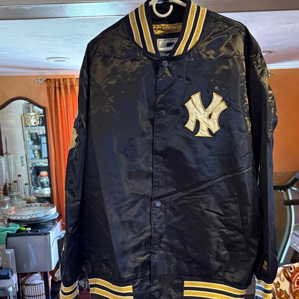 STARTER Black Satin NY Logo Bomber Jacket with Gold Trim